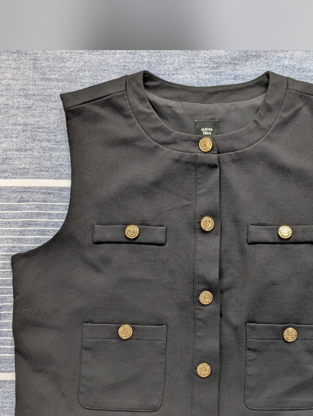 Autre Filles Black Sleeveless Button Front Vest with Gold Buttons